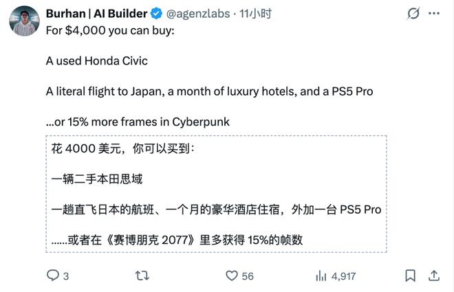 这些能买一辆二手本田思域的钱，只能给你提供多15%的帧数
