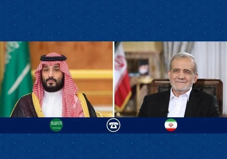 沙特王储兼首相穆罕默德（左）与伊朗总统佩泽希齐扬（右）